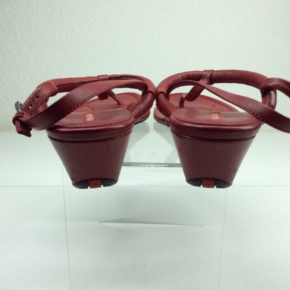 PRADA RED LEATHER WEDGE SANDALS - Picture 7 of 14